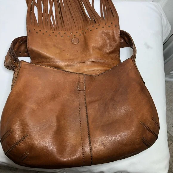 Gianni Bini Brown Leather Vintage Studded Hobo Magnetic Closure Fringe Bag Purse - Picture 8 of 16